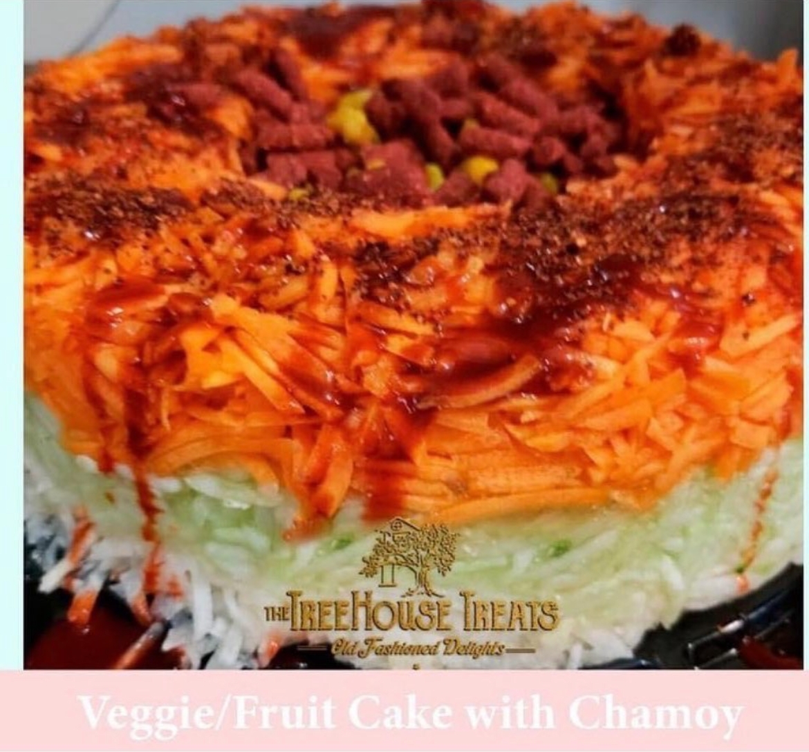 VEGGIE FRUIT CAKE with Chamoy & mixed snacks (toasted corn or Japanese nuts & tamarind candies)